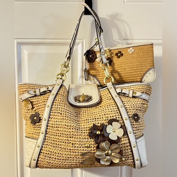 Coach Handbags - COACH ~ Floral Straw Natalie Hampton Tote & Wristlet